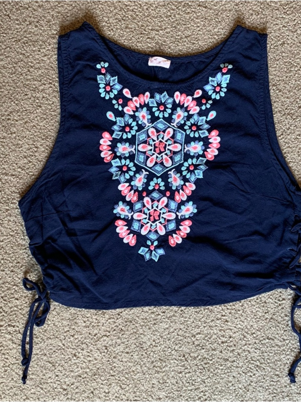 Hollister Navy Blue Colorful Embroidered Tank Top W/ Side Ties Size Small